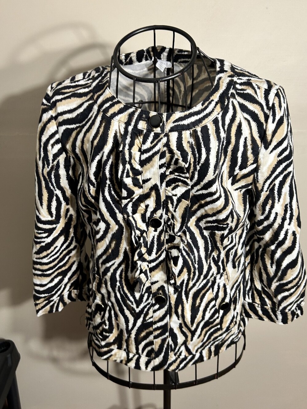 size medium womens black white zebra print animal jacket coat casual dress